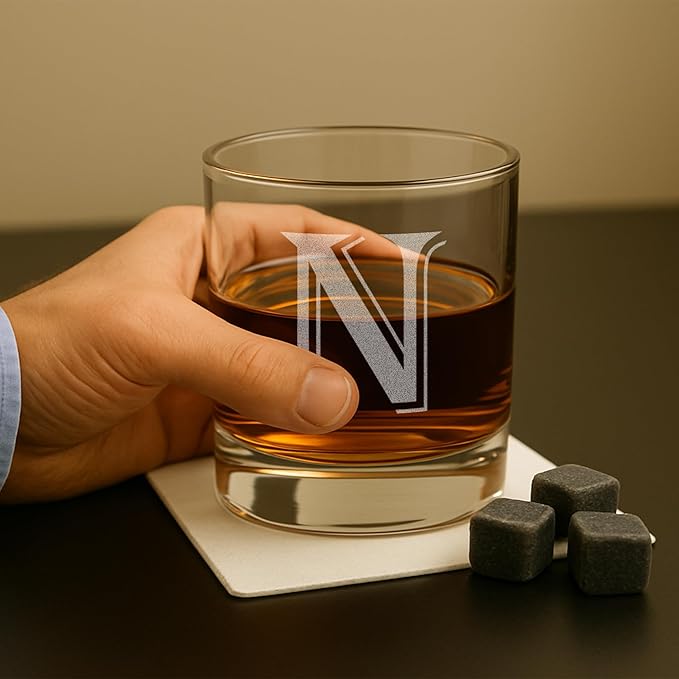 Monogrammed Gifts for Men - 4PC 11 Oz Custom Whiskey Glasses (N-Monogram) - Engraved Whiskey Glasses - Personalized Whiskey Glasses - Unique Bourbon Glasses - Personalized Glass Gifts for Dad