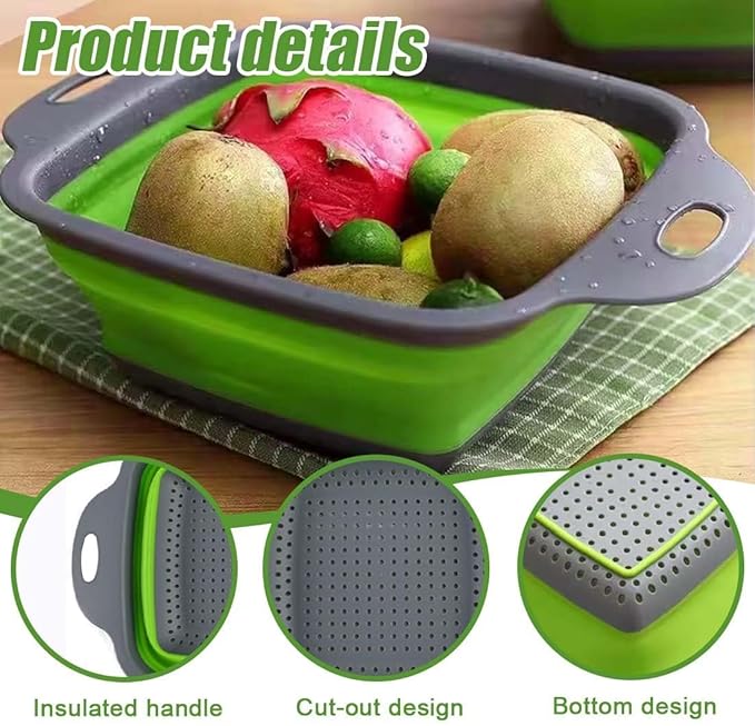 Collapsible Colander Set of 3 Square Silicone Kitchen Strainer Set 1 pcs 9.6 Quart, 1 pcs 6 Quart,1 pcs 4 Quart Perfect for Draining Pasta, Vegetable and fruit for Kitchen and Travel Use