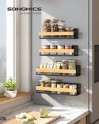 SONGMICS Magnetic Spice Rack for Refrigerator, 4 Pack, 2 Large and 2 Small Kitchen Magnetic Shelves for Washing Machine, Spice Organizers, No Drilling Needed, Ink Black and Light Bamboo UKCS062BH01