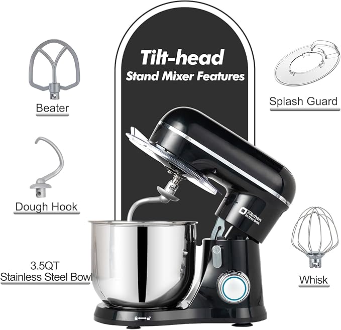 Kitchen in the Box Stand Mixer, 3.5 QT Small Kitchen Electric Stand Mixers, 10-Speed Portable Lightweight Dough Mixer for Daily Use with Egg Whisk, Dough Hook, Beater (Black)