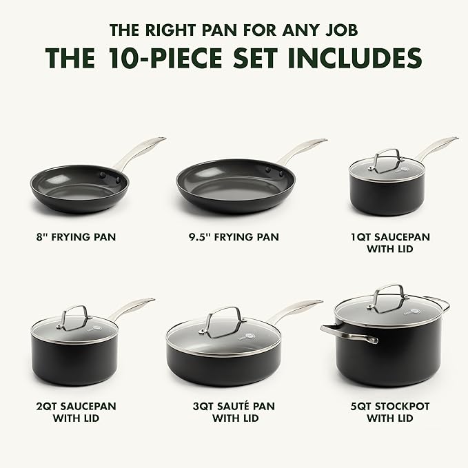 GreenPan Canterbury Hard Anodized Healthy Ceramic Nonstick, 10 Piece Cookware Pots and Pans Set, PFAS-Free, Dishwasher Safe, Oven Safe, Black