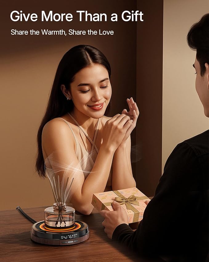 Coffee Mug Warmer for Desk, 50W Fast Heating Cup Warmer with Smart Display, 4 Temps & 12H Timer, Auto Shut Off for Tea, Milk, Hot Drinks - Wood Effect