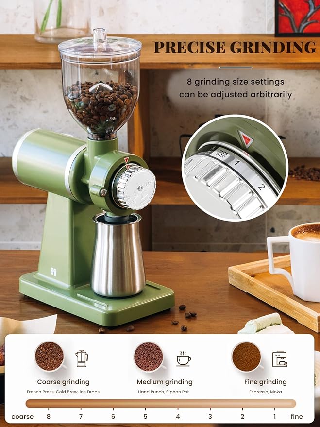 Huanyu Electric Coffee Bean Grinder 250G Commercial&Home Milling Grinding Machine 200W Automatic Burr Grinder Professional Miller 8 Fine - Coarse Grind Size Settings (Green)