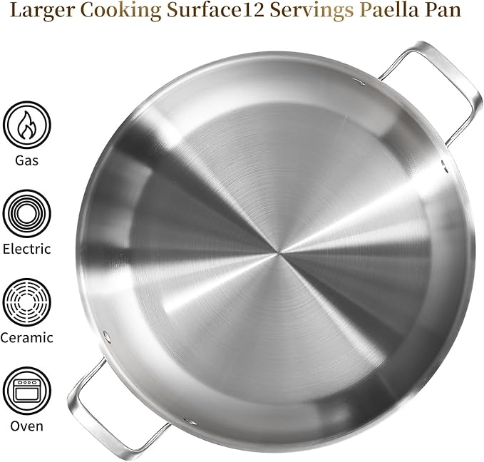 DELARLO Paella Pan 14 Inch Tri-Ply Stainless Steel Paella Pan with Lid, Jumbo Frying Pan, kitchen Induction Large Skillets,Great for Paella Parties Indoors Outdoors,Heavy Duty Style