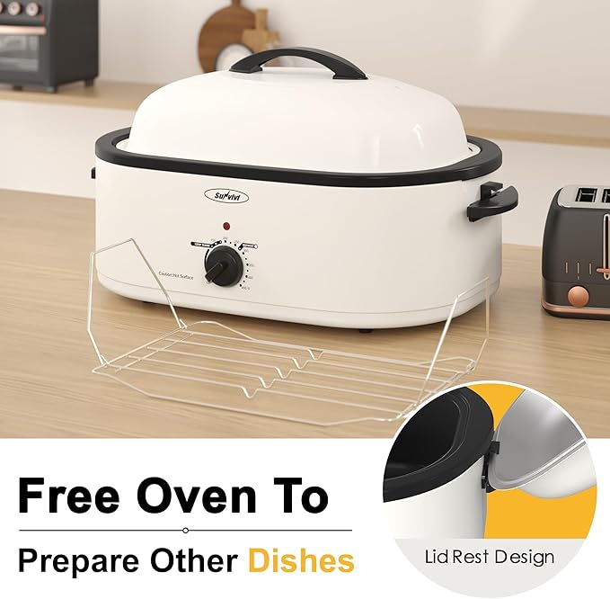 Sunvivi Roaster Oven with Self-Basting Lid,18 Quart Electric Roaster with Removable Pan & Rack,150-450°F Full-Range Temperature Control with Defrost/Warm Function,Stainless Steel,White