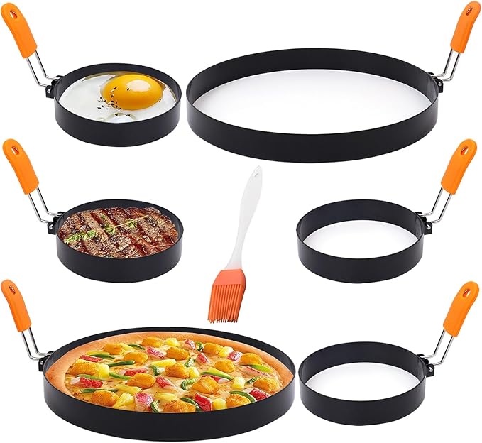 6 Pcs Professional Egg Ring Set, Non-stick Griddle Omelette Ring, Pancake Molds with Oil Brush,Stainless Fried Egg Molds with Orange Anti-scald Silicone Handle