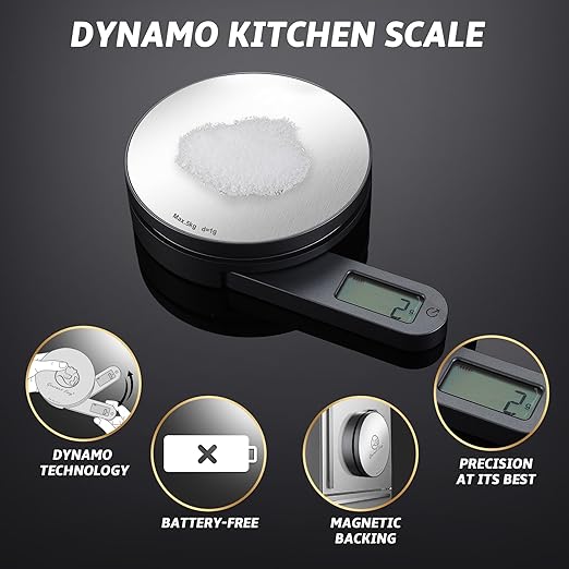 Gourmet Easy Dynamo Food Scale for Kitchen, Battery-Free Technology Kitchen Scale, Food Weight Scale, Weight in Grams & Ounces, Multifunctional Food Scale for Cooking, Baking & Meal Prep, Round