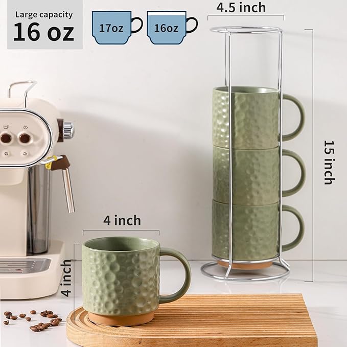 Nihow Ceramic Coffee Mug Set of 4, 16OZ Stackable Coffee Mug Set with Stainless Stand,Large Cup Set for Cappuccino,Tea,Hot/Cold Drinks,Dishwasher & Microwave Safe,Matte Green