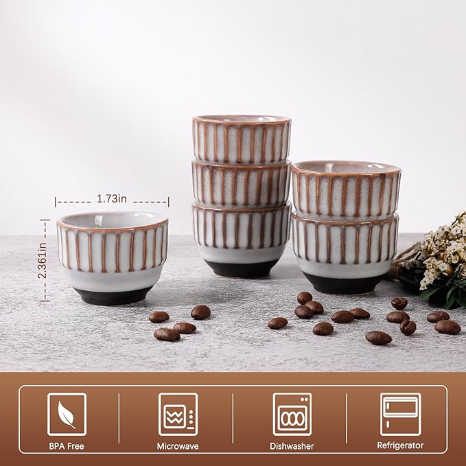 Ceramic Espresso Cup set of 6, One Shot Coffee Cups,Tiny Cofffee Mugs Demitasse for Espresso, Vertical Stripes Espresso Cup Set of 6 (Top Kiln-Gray & Bottom Dark Brown)