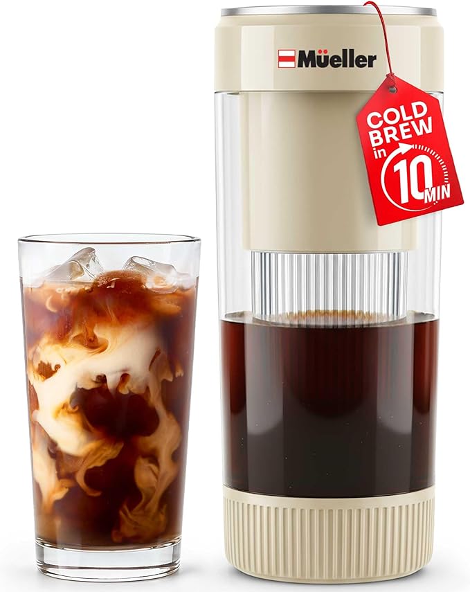Mueller RapidBrew Cold Brew Coffee Maker – 10 Min Fast Brew Portable Rechargeable Cold Brew Pitcher Machine for Coffee & Tea – Adjustable Strength 10-99 Min – 20 Servings Per Charge, Cappuccino Beige