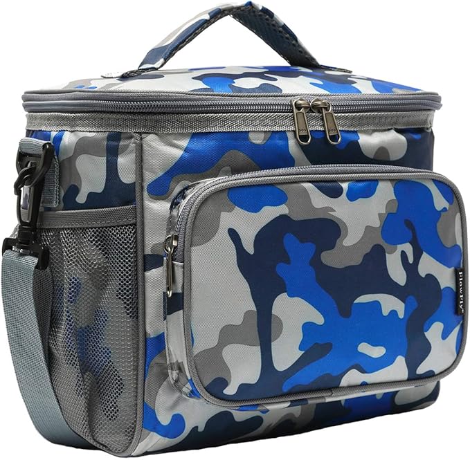 FlowFly Insulated Reusable Lunch Bag Adult Large Lunch Box for Women and Men with Adjustable Shoulder Strap,Front Zipper Pocket and Dual Large Mesh Side Pockets,BlueCamo