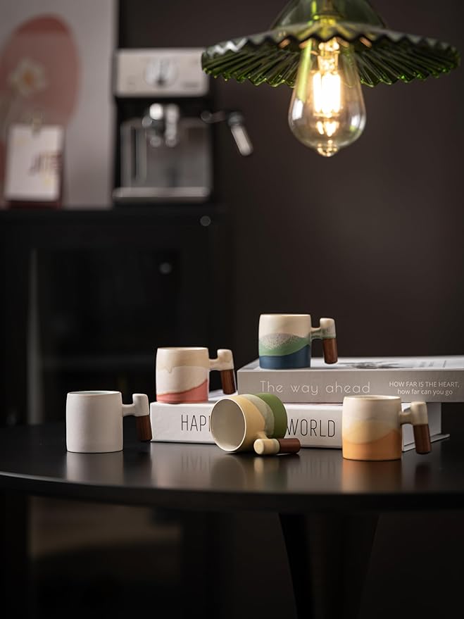 2-Oz Ceramic Espresso Cups with Wood Handle, 2/4-Piece Set for Coffee, Tea, Latte - Dishwasher Safe, Multi-Color & Wood Styles, Gift & Café Use (pink, Wooden Handle4)