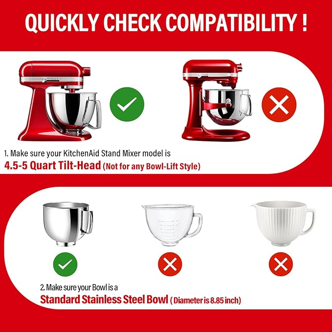 Pouring Shield for KitchenAid Tilt Head 4.5-5 QT (for Stainless Steel Bowls Only), for Kitchen aid Accessories and Attachments, Fully Enclosed Foldable Lid Mixer Bowl Cover, Not For Bowl Lift (Red)