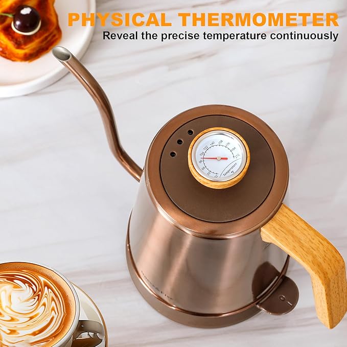 Nueve&Five Gooseneck Electric Kettle with Thermometer, Copper Tea Kettle with Auto Shut-Off,1000W Hot Water Kettle Electric of Stainless Steel,Electric Kettles for,Coffee & Tea