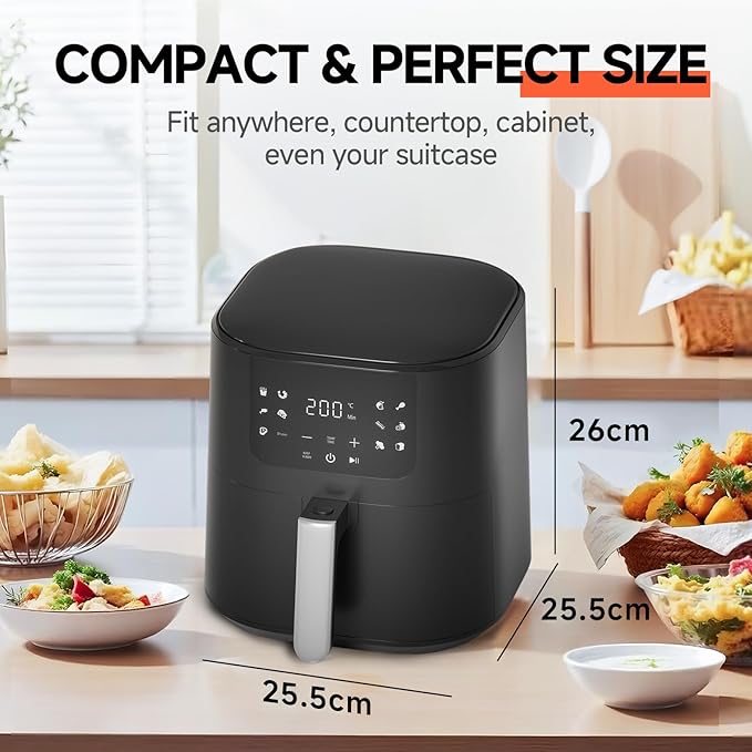 QIDO Air Fryer 8-in-1 with 5 QT Capacity,180°-450°F Precision Heating, Air Fry, Roast, Broil, Reheats, Dehydrates, Less Oil, Features Shake Reminder, Large Touch Display with Auto Menus, Compact Black