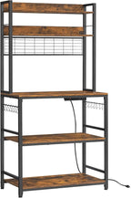 VASAGLE Hutch Bakers Rack with Power Outlet, 14 Hooks Microwave Stand, Adjustable Coffee Bar with Metal Wire Panel, Kitchen Storage Shelf, 15.7 x 31.5 x 66.9 Inches, Rustic Brown and Black UKKS025B01