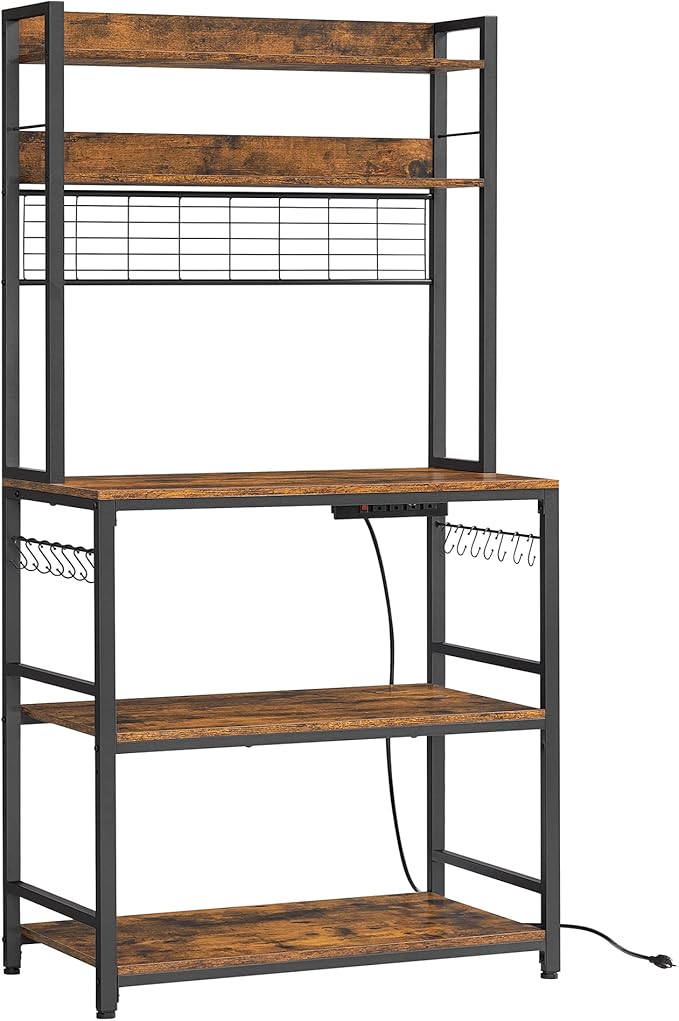 VASAGLE Hutch Bakers Rack with Power Outlet, 14 Hooks Microwave Stand, Adjustable Coffee Bar with Metal Wire Panel, Kitchen Storage Shelf, 15.7 x 31.5 x 66.9 Inches, Rustic Brown and Black UKKS025B01