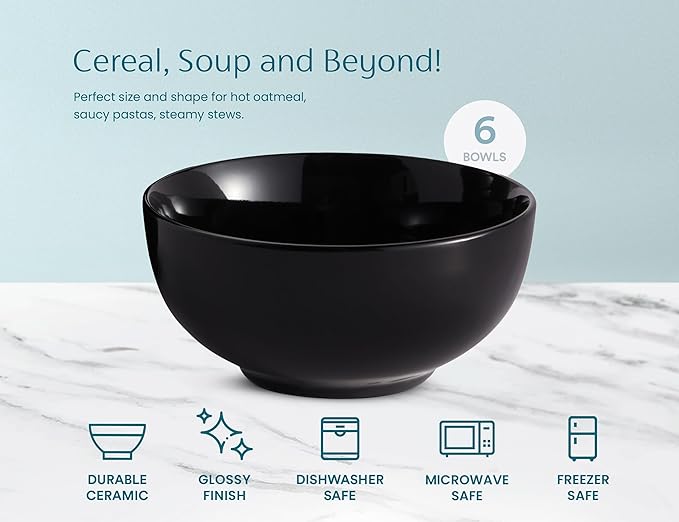 KooK Soup Bowls, Cereal Bowl, Ceramic, Bowls for Kitchen, Microwave, Dishwasher and Freezer Safe, Porcelain Dishes for Pasta, Salad, Oatmeal, Deep Interior, 20 oz, Set of 6, (Black)