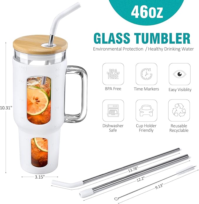 Glass Tumbler with Lid and Straw, 46 oz Iced Coffee Cup with Handle, Large Water Bottles with Silicone Sleeve, Glass Cup with Straws - Pearl Straw & Drinking Straw BPA Free-White