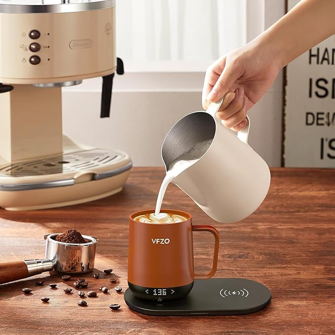 Temperature Control Smart Mug, Self Heating Coffee Mug LED Display, 180 Min Battery Life - Hot up to 149℉ Fast Wireless Charger Base Improved Design (12oz, Orange)