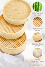 Prime Home Direct Bamboo Steamer Basket 8-Inch | 2-Tier Steamer for Cooking | 50 Liners | Small Instant Steaming Cookware Asian Food, Bao Buns, Chinese, Dim Sum, Dumpling, Rice, Vegetable Steam Pot