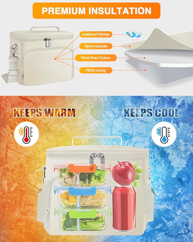 esouler Lunch Box for Women/Men Insulated Lunch Bag Large Capacity Reusable Lunch Tote Leak Proof Lunch Bags for Work Picnic, Beige