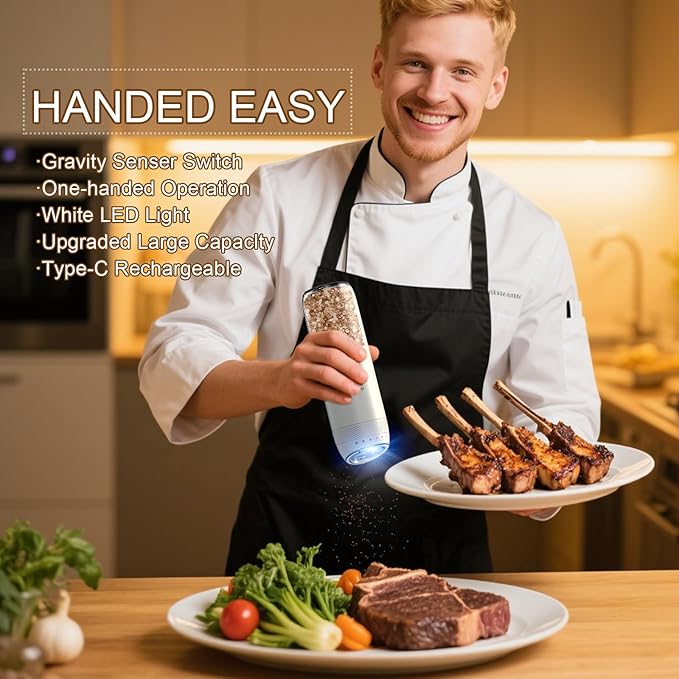 Electric Salt and Pepper Grinder Set – Rechargeable Gravity Automatic Pepper Mill Gift Set with LED Light & 6 Adjustable Coarseness