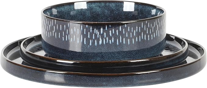 Gibson Elite 12 Piece Matisse Moderna Stoneware Reactive Glaze Plates and Bowls Dishes Dinnerware Set - Cobalt Blue