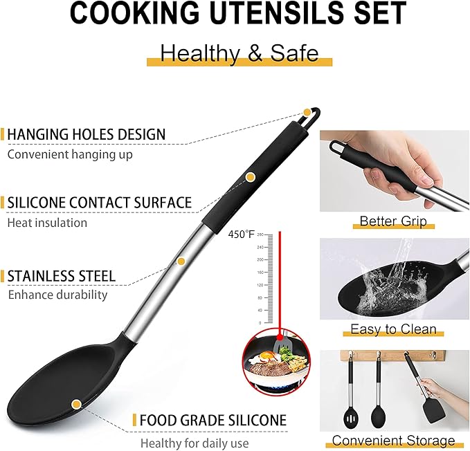 Silicone Cooking Utensils Set, E-far 14-Piece Black Kitchen Utensils Set with Holder, Kitchen Tools Spatulas with Stainless Steel Handle for Non-stick Cookware, Heat Resistant & Dishwasher safe
