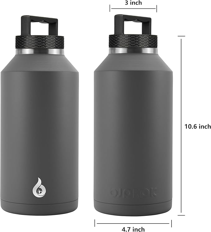 BJPKPK Half Gallon Water Bottle Insulated, Dishwasher Safe 64 oz Water Bottle with Handle, Leakproof BPA Free Water Jug, Large Stainless Steel Thermos for Sports, Grey