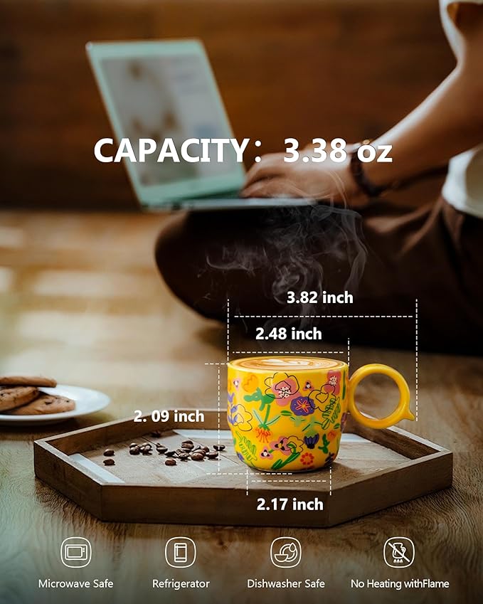 Ceramic Mini Espresso Cups Set of 2 – 3 oz Double Espresso Coffee Cups with Q Handle, Yellolw Floral and fruit Pattern, Small Espresso Shot Cups for Home Coffee Bar,Lungo