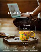 Ceramic Mini Espresso Cups Set of 2 – 3 oz Double Espresso Coffee Cups with Q Handle, Yellolw Floral and fruit Pattern, Small Espresso Shot Cups for Home Coffee Bar,Lungo