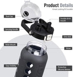 MUKOKO Half Gallon/64 oz Glass Water Bottles with Straw and Lid,Motivational Water Jug with Time Marker Reminder and Silicone Sleeve,100% Leakproof BPA Free Fitness Sports Large Bottle-Grey