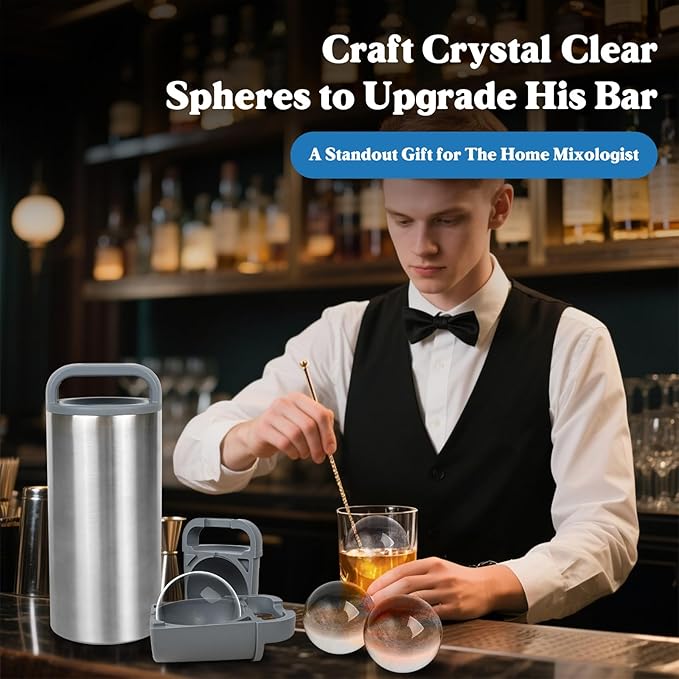 Clear Ice Cube Maker, 2.4" Stainless Steel & Non-BPA Silicone Ice Ball Maker Mold for Cocktails, Drinks & Bourbon, Whiskey Gifts for Men Woman