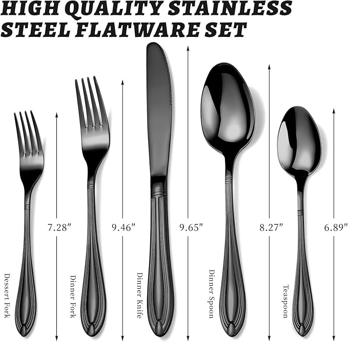 TIVOLI Silverware Set for 4, 20 Piece Heavy Duty Stainless Steel Flatware Utensils Cutlery Set Including Steak Knife Fork and Spoon, Dishwasher Safe, Gift Package for Wedding Housewarming (Black)