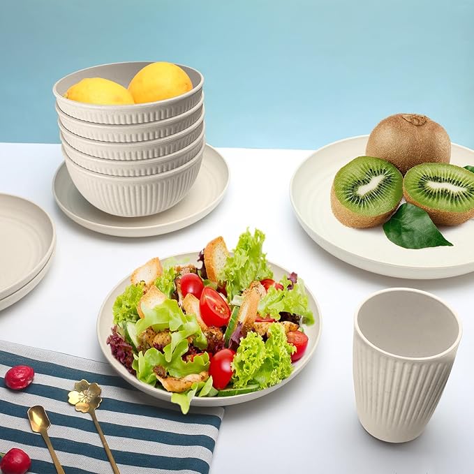 Wheat Straw Dishes Set for 8, Dinnerware Sets 32 piece, Unbreakable Plates, Bowls, Cups Sets for Kitchen Parties Camping RV - Beige