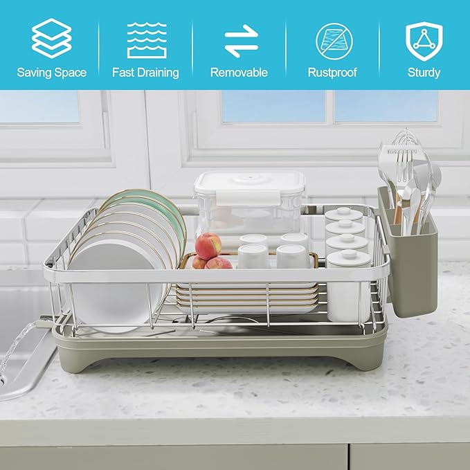 Dish Drying Rack - 304 Stainless Steel Dish Rack, Adjustable Spout Auto-Draining Dish Drainers for Kitchen Counter, Large Capacity for Bowls, Cups, Dish Drainer with Drainboard Grey