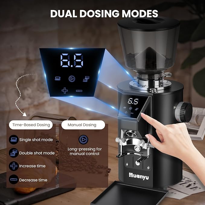 Huanyu Commercial Coffee Grinder - Touchscreen Control, 8 Grind Settings, 64mm Flat Burr, Dual Dosing Modes for Coffee Shops