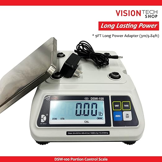 VisionTechShop DSW-100 Portion Food Scale with Single LCD Display, Stainless Steel Platter, 15lb Capacity, 0.005lb Readability, Lb/Oz/Kg/g Switchable, Low Profile Design, NTEP #22-007, NSF Certified