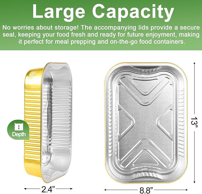 15 Pack 13"×9"×2.4" Gold Aluminum Foil Pans with Lids Heavy Duty, 9x13 Foil Food Containers with Lids, Tin Foil Pans for Baking, Meal Prep, Freezer, Heating and Takeout