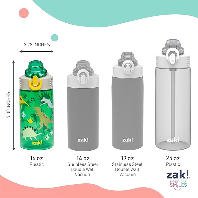 Zak Designs Sage Kids Water Bottle For School, Travel or At Home, 16oz Durable Plastic Water Bottle With Straw, Handle, and Leak-Proof, Pop-Up Spout Cover (Dino)