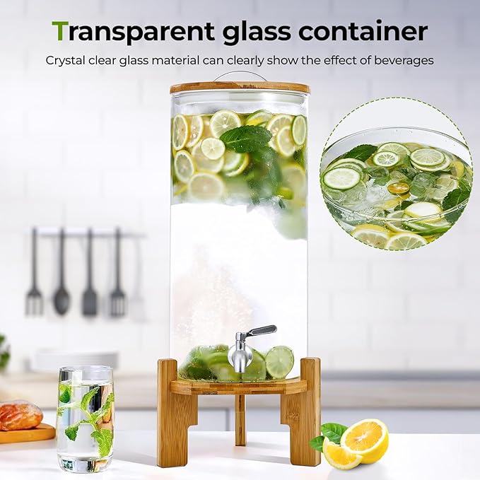 Beverage Dispenser 1.5 Gallon with Spigot Glass Water Dispenser for Parties, Bars, Restaurants (5L）with Wood Stand Drink Dispensers