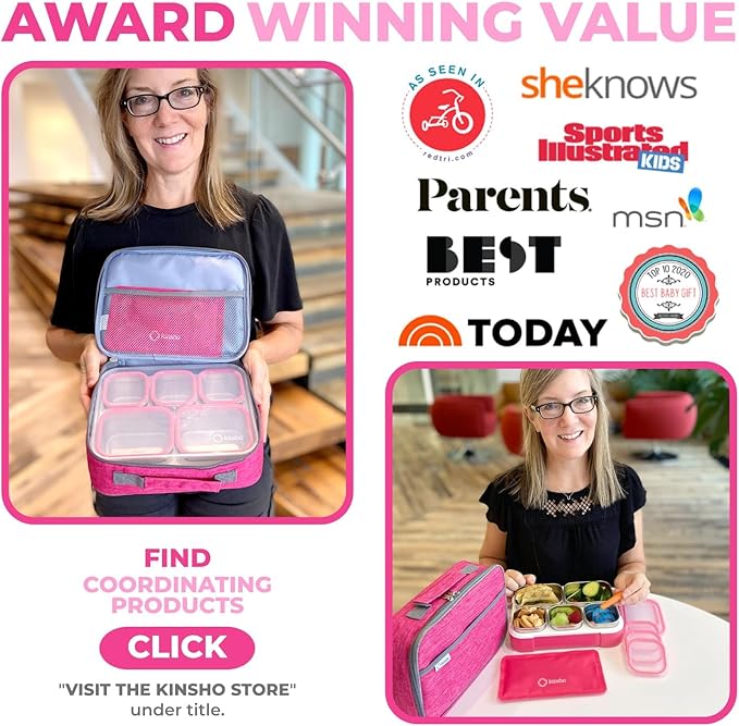 Stainless Steel Bento Lunch Box Set for Adults, Kids - Insulated Bag and Ice Pack - Leak-Proof Metal Compartment Meal Prep Food & Snack Containers for Work Travel School Daycare, 34 oz Pink