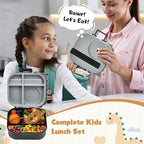 Bento Lunch Box with Thermo, 4-Compartment Bento Box with Adjustable Dividers, Leakproof Dinosaur Lunch Box with 14.2OZ Insulated Food Jar & Sauce Jar, for School Office Travel(Grey)