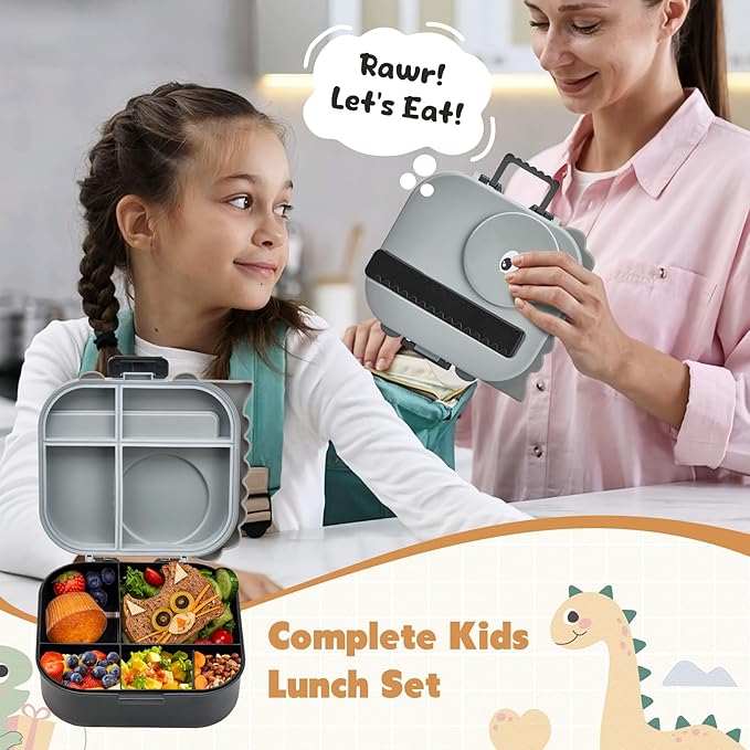 Bento Lunch Box with Thermo, 4-Compartment Bento Box with Adjustable Dividers, Leakproof Dinosaur Lunch Box with 14.2OZ Insulated Food Jar & Sauce Jar, for School Office Travel(Grey)