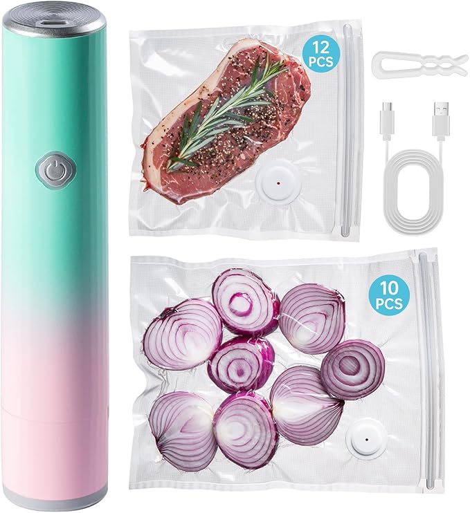 Vacuum Sealer, Handheld Compact Vacuum Sealer, Vacuum Pump for Food Fresh & Save Meal Prep Sous Vide, Portable Cordless Sealer Machine for Travel, with 22 Reusable Vacuum Bags, Green