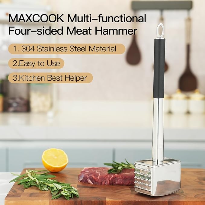 Meat Tenderizer, 304 Stainless Steel Meat Hammer, Heavy Duty Kitchen Meat Mallet,Four-sided Meat Tenderizer Tool, Meat Pounder for Tenderizing Steak, Beef, Chicken, Nut (1.31lb)