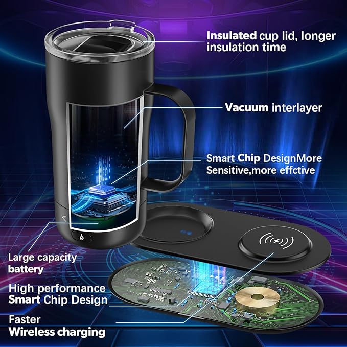 Smart Self Heating Coffee Mug 18 Oz Temperature Control Heated Coffee Mug App Controlled Warmer Mug 5-10 Hour LED Display Keep Coffee Hot All Day Fast Wireless Charger Base Dull Black