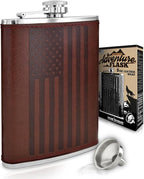 Leather American Flag Hip Flask - Leak Proof Food Grade Stainless Steel for Whiskey or Bourbon Liquor | Bonus Funnel (USA 8 Ounce Flask, Brown Leather Wrap)