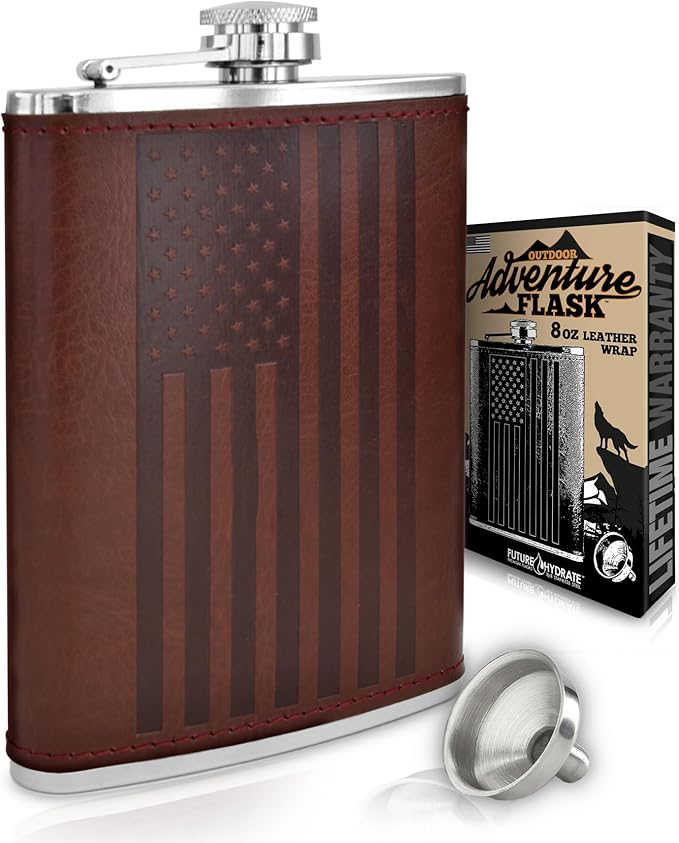 Leather American Flag Hip Flask - Leak Proof Food Grade Stainless Steel for Whiskey or Bourbon Liquor | Bonus Funnel (USA 8 Ounce Flask, Brown Leather Wrap)